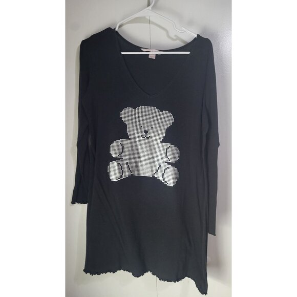 Victoria's Secret Other - Y2K Victoria’s Secret Black Silver Metallic Teddy Bear Sleep Shirt V Neck SZ M